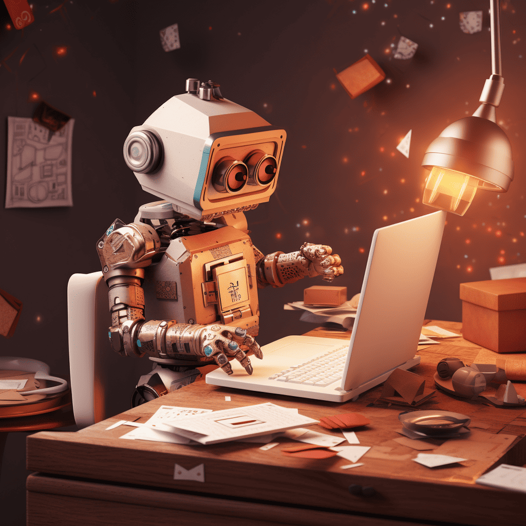 A robot sitting at a desk working on a laptop.